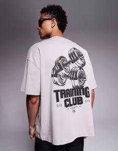 Футболка свободного кроя из плотного хлопка с принтом на спине с быстросохнущей отделкой, серого цвета 4505