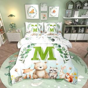 Erosebridal Комплект постельного белья Initial Letter с принтом милых лесных животных из эвкалиптового волокна, Green M