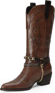 Женские ковбойские сапоги iiimmu с цепочкой, заостренным носком и массивным каблуком, женские жокейские сапоги с вышивкой, на подтяжке, вестерн-стиль, искусственная кожа, Dark Brown