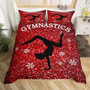 Erosebridal Комплект постельного белья Gymnastics для девочек с силуэтами гимнасток и блестящим узором зимних снежинок, Red