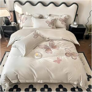 YIZUFU Комплект постельного белья белый из египетского хлопка 1000TC с синей вышивкой бабочек