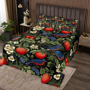 Erosebridal Бохо комплект постельного белья с клубникой цветами птицами и личи, Red Blue