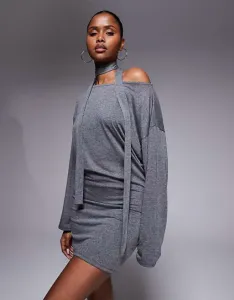 Темно-серое мини-платье с длинными рукавами и узким шарфом ASOS DESIGN