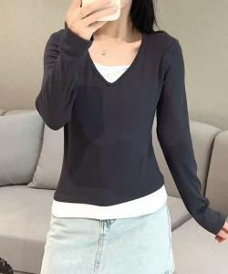 aimoha -select-/V-neck long-shell ribbed top