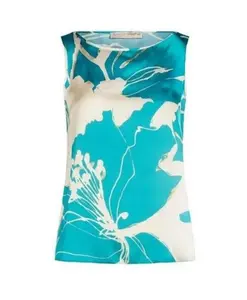 Шелковая блузка с цветочным принтом и без рукавов. Rinascimento, синий