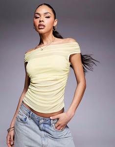 Топ из сетки с короткими рукавами и открытыми плечами молочно-желтого цвета Asos Design