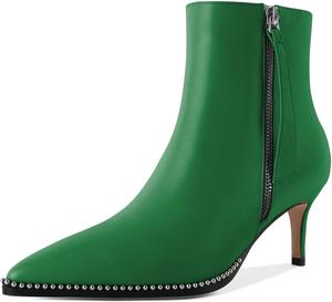 Younton Женские сапоги с низким каблуком, заостренный носок с бусинами, короткие сапоги, молния, каблук-кошечка, 6,3 см