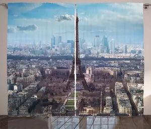 Штора ABAKUHAUS "Эйфелева башня" в деревенском стиле, вид на Эйфелеву башню, присборенная штора из тесьмы для спальни с петлями и крючками, 280 x 175 см, светло-голубой коричневый цвет Abakuhaus