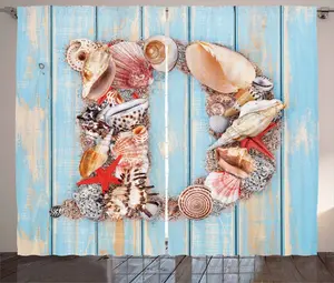 Штора ABAKUHAUS Буква D в деревенском стиле, морская тема, универсальные ленточные шторы для гостиной с петлями и крючками, 280 x 245 см, цвет: темно-коралловый, светло-голубой Abakuhaus