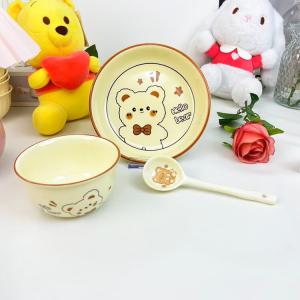 Ceramics Керамические пиалы для дома, 2025 новая модель, милый медвежонок дизайн, кремовый цвет, посуда на одну порцию, для одного человека [эконом комплектация], 3 штуки