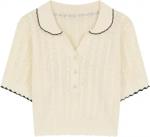 Женский свитер с французским воротником, ажурными короткими рукавами, летний модный свитер 2025 года, визуально стройнящий фигуру Generic, бежевый