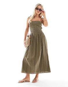 Платье макси Miss Selfridge Petite с бретельками и вышивкой цвета хаки