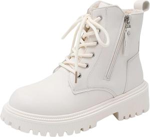 Женские ботильоны с мягкой подкладкой из флиса, теплые зимние ботинки на шнуровке с рифленой подошвой, нескользящие, на плоской подошве Generic, White