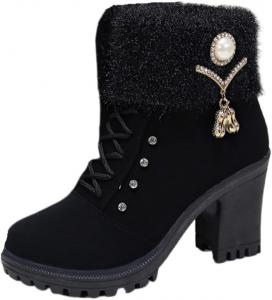 Осень/Зима - женские модные короткие ботинки большого размера на высоком каблуке. Дизайн с боковой молнией. Легко надевать и снимать. Противоскользящая резиновая подошва. Стильно и универсально для всех случаев. Clolinde, Black