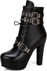 Женские ботильоны с массивным каблуком и застежкой-пряжкой, сексуальные с круглым носком, шнуровкой, в стиле панк, утепленные, с платформой, готические, средние по голенище DEVILEYEZE, Black