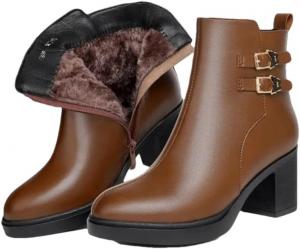 Женские сапоги Niiyyjj из натуральной кожи с пряжками, большие размеры, теплые ботильоны на молнии, Brown Fleece