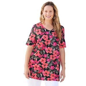 Женская туника больших размеров с короткими рукавами и v-образным вырезом Catherines легкого кроя, цвет Black Red Tropical