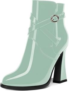 Женские блестящие модные ботильоны с ремешком на щиколотке, лакированные, с круглым носком, на устойчивом высоком каблуке 4 дюйма MOVINSTEPS, Turquoise