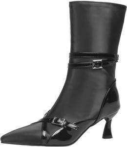 Женские модные ботильоны LYYSKY с 5 см средним каблуком, носок заостренный, на липучке с пряжкой, короткие, Black(22-25)