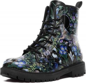 Женские ботинки с цветочным рисунком, ботильоны на шнуровке с принтом бабочек и пчел, противоскользящие, водонепроницаемые, из искусственной кожи с массивным классическим каблуком Coolcustomize, Black-Blue