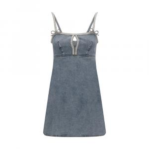 Джинсовое мини-платье с жемчугом Self-Portrait, светло-голубой