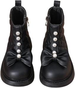 Детские ботинки kkdom для девочек с милым бантом, челси на низком каблуке с искусственным жемчугом, наружной боковой молнией и комфортной посадкой (для малышей/маленьких детей/старших детей), Black