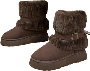 Женские ретро зимние сапоги с искусственным мехом и поясом, с толстой подошвой, противоскользящие, с флисовой подкладкой Azttoztto, Brown