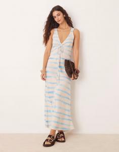 Платье миди ASOS DESIGN с v-образным вырезом, сборками и завязками в синюю полоску