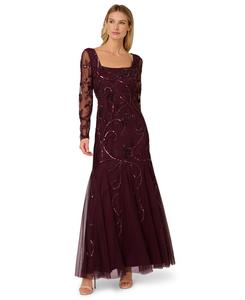 Женское платье с длинными рукавами, расшитое бисером Adrianna Papell, Night plum
