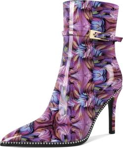 Женские ботильоны Soireelady с заостренным носком и высоким каблуком, украшенные бисером, короткие ботинки с металлической пряжкой и боковой молнией, каблук 10 см, Floral Purple