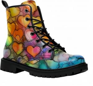 Женские короткие ботинки с принтом на шнуровке, с широким каблуком, боевые ботильоны для девушек и женщин, осенние и зимние, с рисунком роз, черепов, бабочек и мультяшных узоров Maimeili, Heart Colorful