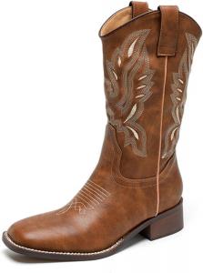 Вестерн ковбойские ботильоны для женщин, средние голени, короткие сапожки с вышивкой, округлый носок, массивный низкий каблук FOBOINED, Brown-12