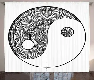 Штора в деревенском стиле Мандала от ABAKUHAUS, традиционный символ Инь-Ян, присборенная штора для спальни с петлями и крючками, 280 x 225 см, черно-белая Abakuhaus