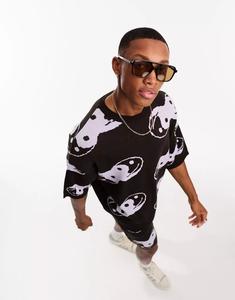 Коричневая трикотажная футболка с принтом инь-ян ASOS