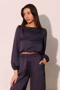 Укороченный топ с длинными рукавами из атласа с эффектом потертости TRUEDAMES, темно-синий