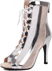 Женские танцевальные ботинки с открытым носком, на шнуровке, танцевальные туфли на каблуке для латиноамериканских и бальных танцев, сальса, модель DS118 YCALCP, Silver