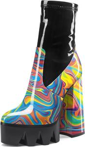 Женские ботильоны на платформе Aachcol с толстым каблуком, высокой пяткой, коротким голенищем, молнией, округлым закрытым носком, лакированные, каблук 5,5 дюйма, Rainbow Multicolor