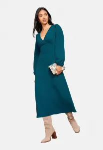 Платье-Миди средней длины с v-образным вырезом и длинными рукавами, прямого кроя, текстурированной поверхностью. Friends Like These, Teal Blue