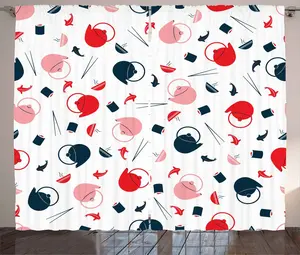 Штора ABAKUHAUS "Суши в деревенском стиле", чайники, палочки для еды из лосося, универсальная тесьма для гостиной с петлями и крючками, 280 x 245 см, темно-синий, розовый, ярко-красный Abakuhaus