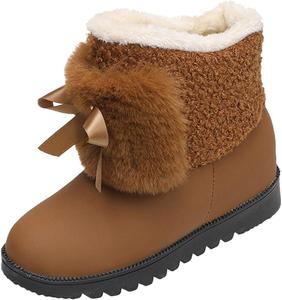 CsgrFagr Женская мода Модные туфли с бантом, на толстой подошве, хлопковые, плюшевые теплые короткие зимние ботинки для женщин с каблуком, кожа (черный, 7.5), 7.5 Brown