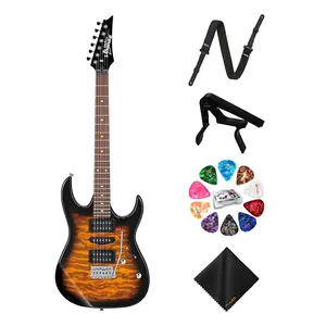 Электрогитара Ibanez с цельным корпусом на 6 струн (Sunburst) - для правшей, бас с ремнем GSF50 Powerpad, стойка для струн, 15 медиаторов с коробкой для хранения и микрофибровая салфетка для чистки (набор)