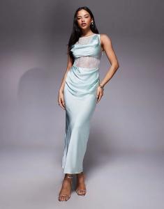 Платье миди ASOS DESIGN из кружева и стираного атласа с косой драпировкой нежно-голубого цвета