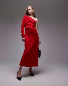 Платье макси на одно плечо с длинными рукавами красного цвета Mango