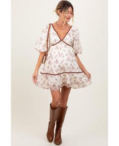 Кремовое платье для беременных с цветочным принтом, глубоким V-образным вырезом на спине и вырезом на спине Pinkblush, Cream