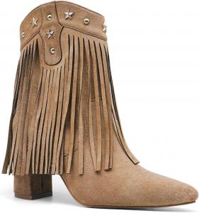 Женские замшевые ботинки с бахромой и звездными заклепками, ковбойский стиль на среднем каблуке Generic, Camel