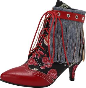 Женские ретро ботильоны с блочным каблуком и заостренным носком, шнуровкой и кисточками XIEPP, Red