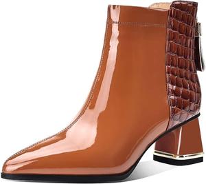 Женские ботильоны TinaCus из лаковой кожи, ручная работа, с заплатками, застежкой-молнией сзади, заостренным носком и невысоким устойчивым каблуком, Orange