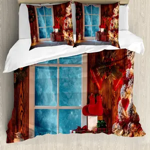 Рождественский пододеяльник ABAKUHAUS, Замороженный снежный домик, с защитой от клещей, подходит для аллергиков с наволочками, 155 см x 220 см - 80 x 80 см, красно-синий Abakuhaus