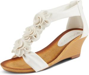 Женские сандалии на танкетке PATRIZIA HARLEQUIN с ремешком на щиколотке и T-образным ремешком - Цветочный дизайн, мягкая стелька, застежка на молнии сзади, белый