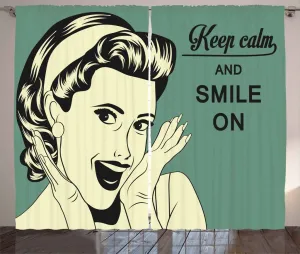 Штора ABAKUHAUS Vintage Woman в деревенском стиле, Улыбающаяся дама, универсальная ленточная штора для гостиной с петлями и крючками, 280 x 225 см, цвет Реседа-зеленый, черный, слоновая кость Abakuhaus